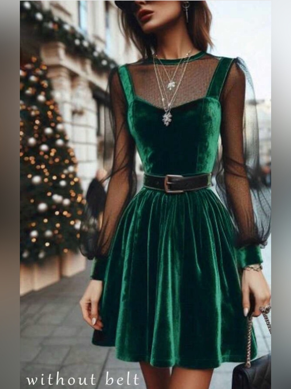 Green Velvet Mesh-Sleeve Party Dress